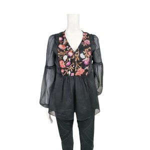 Catherine Malandrino Peplum Top Blouse Long Sleeve Chiffon Embroidered Bishop M